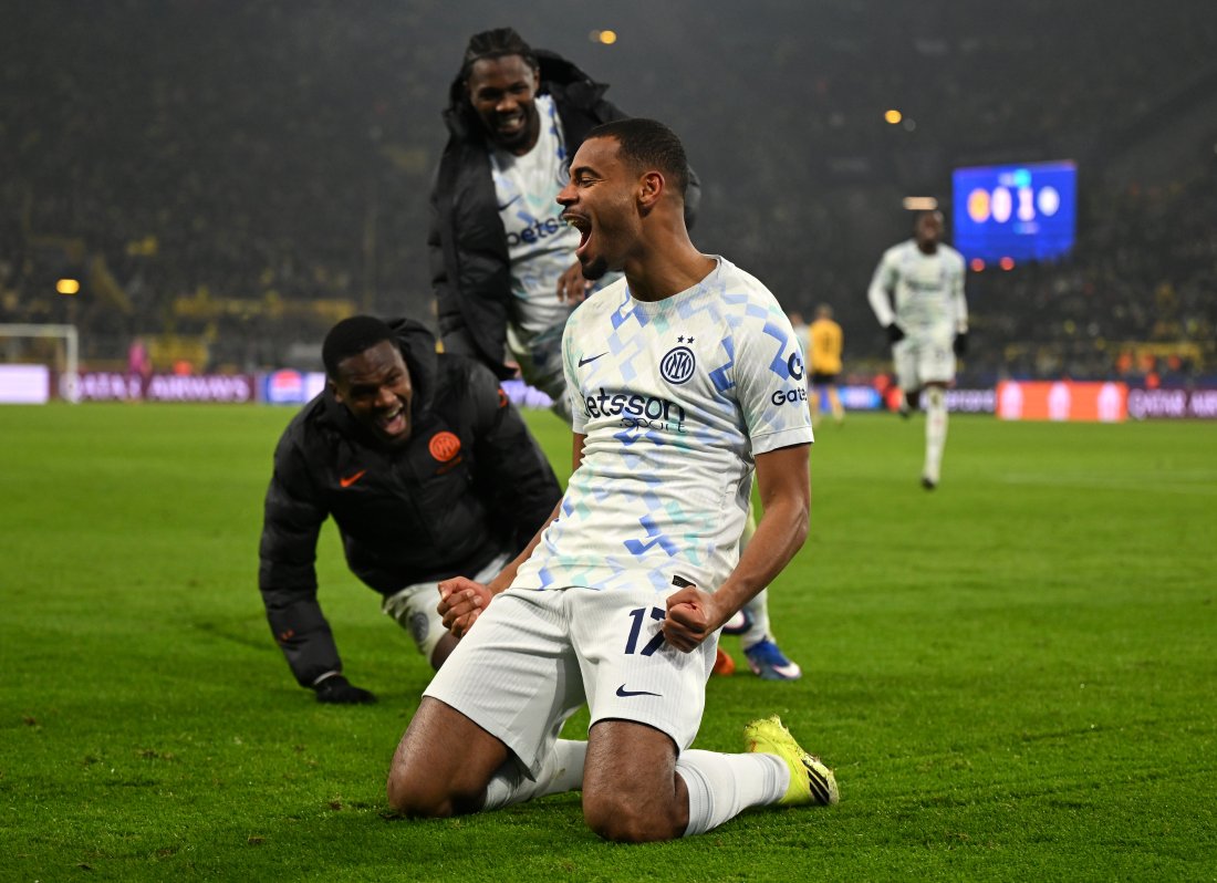 DORTMUND, GERMANY - JANUARY 28: Andy Diouf of FC Internazionale Milano celebrates scoring his team's second goal during the UEFA Champions League 2025/26 League Phase MD8 match between Borussia Dortmund and FC Internazionale Milano at BVB Stadion Dortmund on January 28, 2026 in Dortmund, Germany. (Photo by Teresa Kröger - UEFA/UEFA via Getty Images)